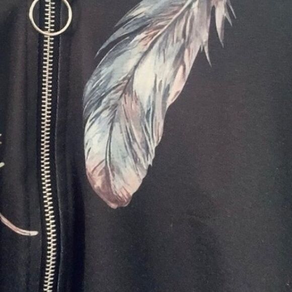 Sheilay Black Feather Print Pullover Sweatshirt Size Large - Picture 8 of 8